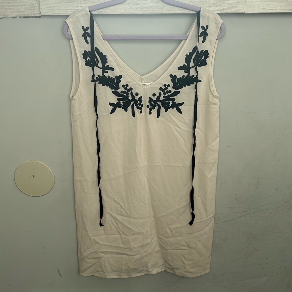 ULLA JOHNSON SILK OFF WHITE WITH BLACK EMBROIDERED DETAILS MINI DRESS SIZE 4